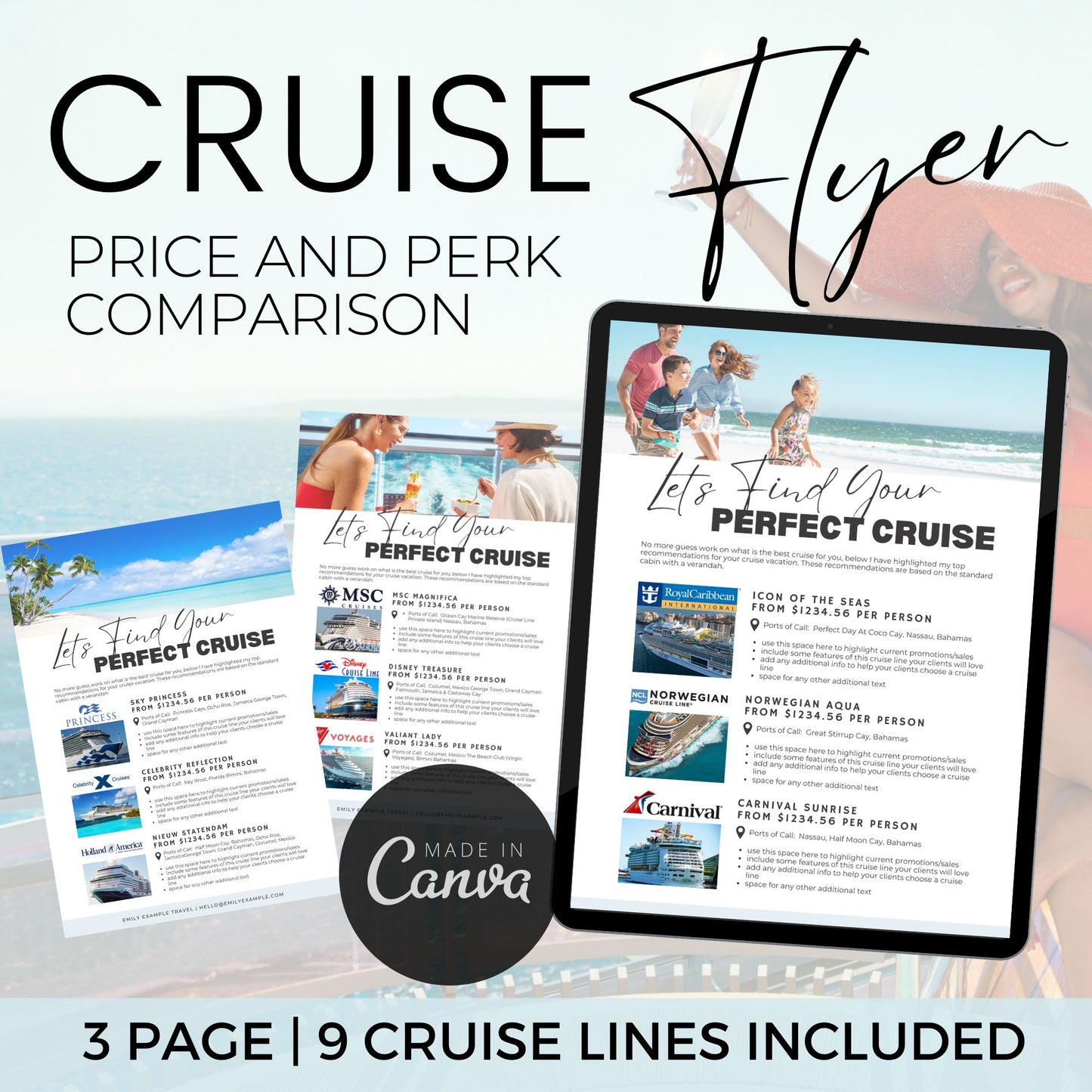 cruise comparison, best cruise deals flyer, cruise perk flyer, cruise sale flyer, cruise promotion flyer, travel agent marketing, travel agent flyer template, travel agent canva, travel agent, cruise travel agent, travel agent template, canva made easy for travel agents, travel canva, canva template