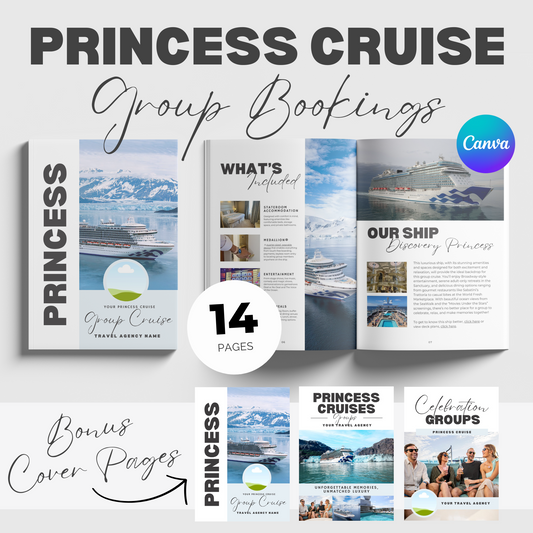 princess cruise group booking template, princess cruise canva template, travel agent canva template, travel agent canva